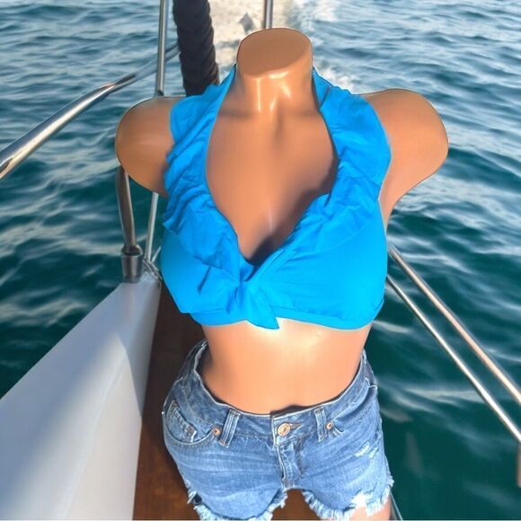 CHAPS Swimwear l Ruffle Bikini Top l Tie-Back l Gold Hardware l 6D l EUC - Picture 1 of 9